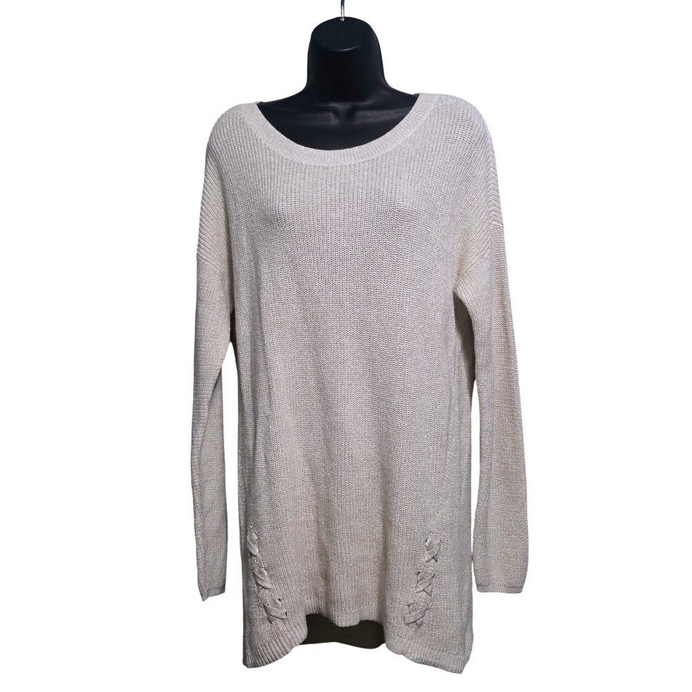 ana A New Approach Women XL Cream Metallic Silver Lace Up Side Tunic Sweater